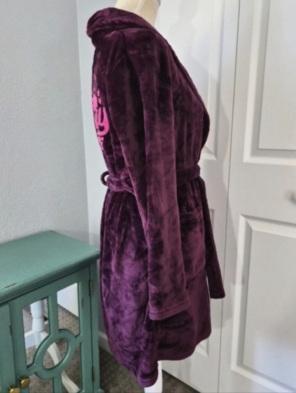 Juicy Couture Plush Fleece Robe Y2K Pink Logo Burgundy S/M - Picture 3 of 8